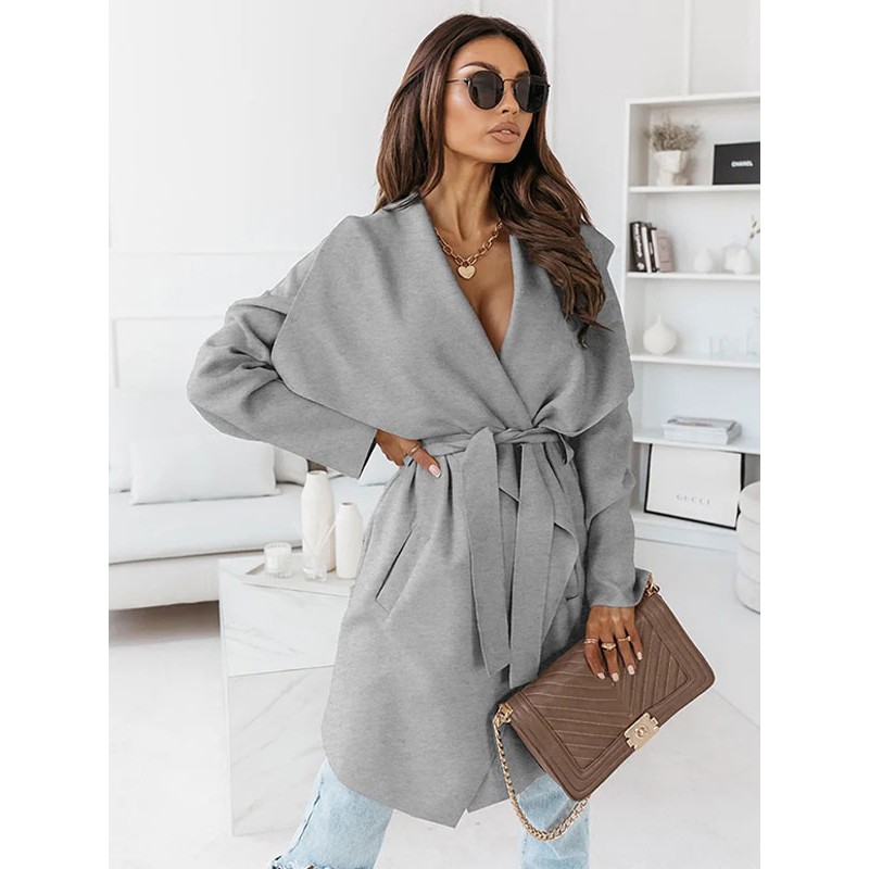 Coat For Woman Khaki Turndown Collar Long Sleeves Maxi Coat Casual Street Wear