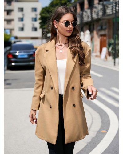 Woman Coat Turndown Collar Buttons Chic Khaki Winter Coat Chic  Modern Casual