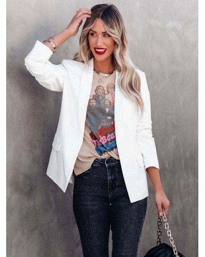 White Blazer Jacket For Women Solid Color Lapel Chic Spring Fall Relaxed Street Outerwear Casual