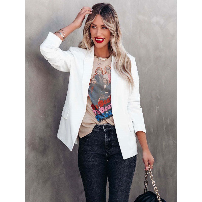 White Blazer Jacket For Women Solid Color Lapel Chic Spring Fall Relaxed Street Outerwear Casual