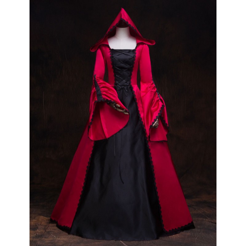 Victorian Dress Costume Women's Red Hooded Masquerade Ball Gowns Long Trumpet Sleeves Victoria Era Clothing Retro Costume Royal Mardi Gras Halloween