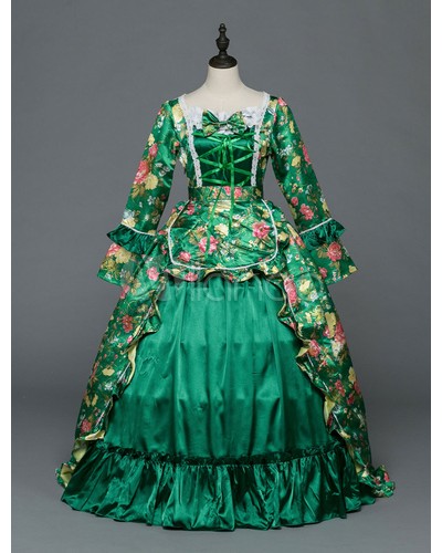 Women Retro Costume Rococo Dress Victoria Ball Gowns Royal Long Sleeve Green Vintage Halloween Costume Dresses Sets ROCOCO