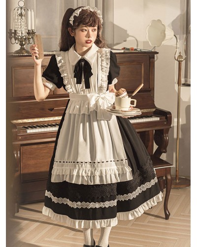 Classical Lolita OP Dress 2-Piece Set Black Dress White Apron Ruffles Bows Color Block Bow Maid Dress