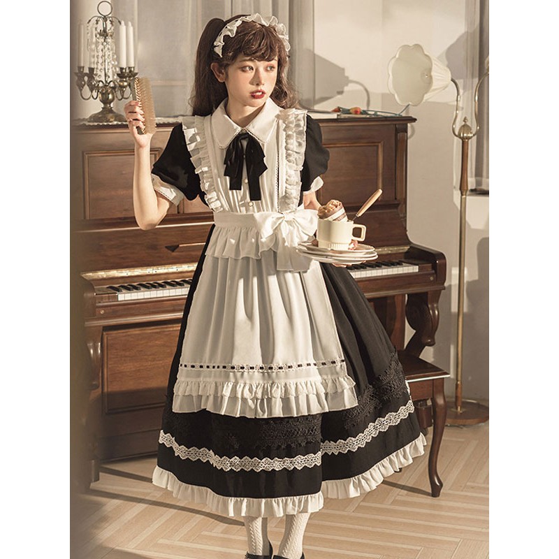 Classical Lolita OP Dress 2-Piece Set Black Dress White Apron Ruffles Bows Color Block Bow Maid Dress