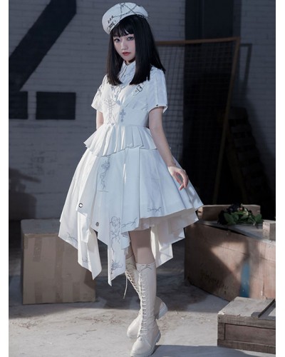 Costumes Military Uniform Lolita Army Lace Up Side Draping White White