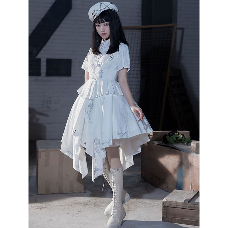 Costumes Military Uniform Lolita Army Lace Up Side Draping White White