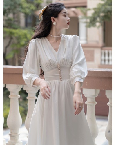 Classical Lolita Dress Polyester Pleated Lolita Dresses Long Sleeves White