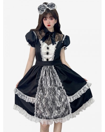 Maid Lolita Dresses Ruffles Lace Black Short Sleeves Lolita Dress