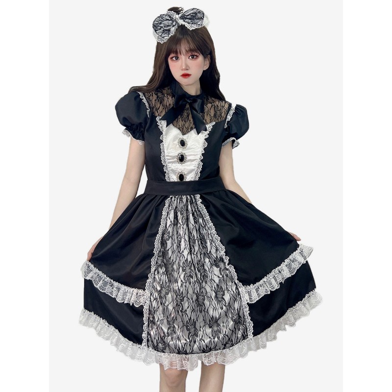 Maid Lolita Dresses Ruffles Lace Black Short Sleeves Lolita Dress