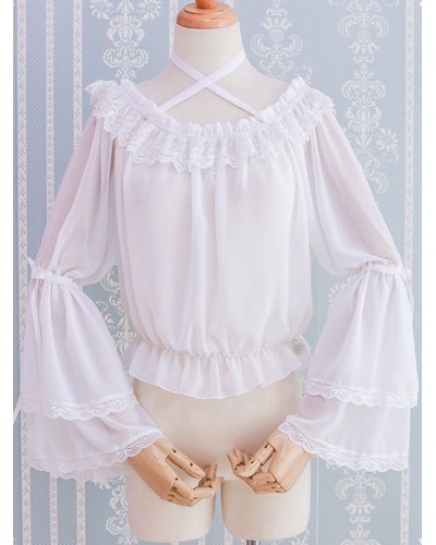 Sweet Lolita Blouse Ruffle Lace Pleated Srappy White Lolita Top Spring Summer