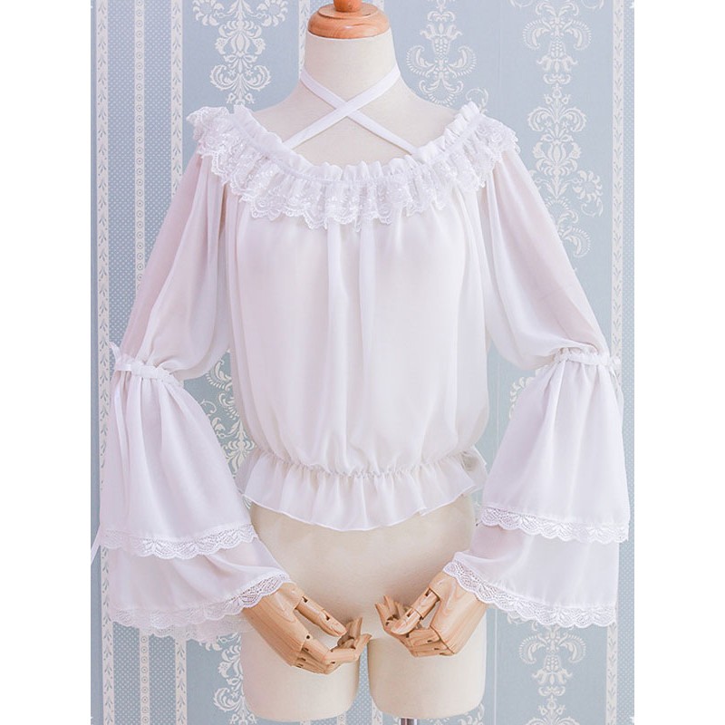 Sweet Lolita Blouse Ruffle Lace Pleated Srappy White Lolita Top Spring Summer