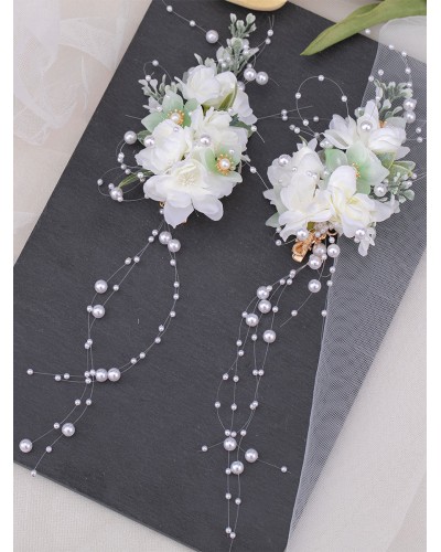 Chinese Style Lolita Accessories Ecru White Flowers Pearls Chains Metal Accessory Miscellaneous Chinese Style