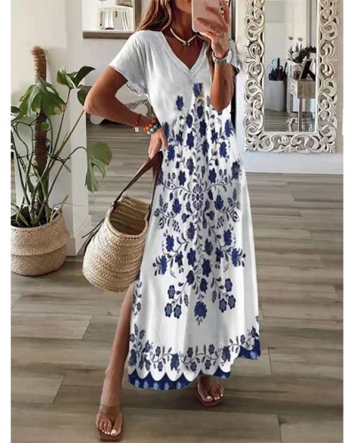 Women Dress V-Neck Short Sleeves Casual Floral Print Oversized Long Dress Maxi Bohemian Summer