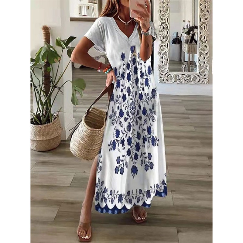 Women Dress V-Neck Short Sleeves Casual Floral Print Oversized Long Dress Maxi Bohemian Summer