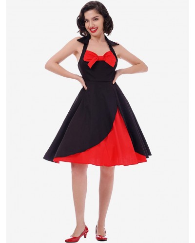 Women Red And Black Sexy Knot V Neck Halter Dress Pin Up Fit And Flare Layered Elegant Midi Dresses Vintage Party