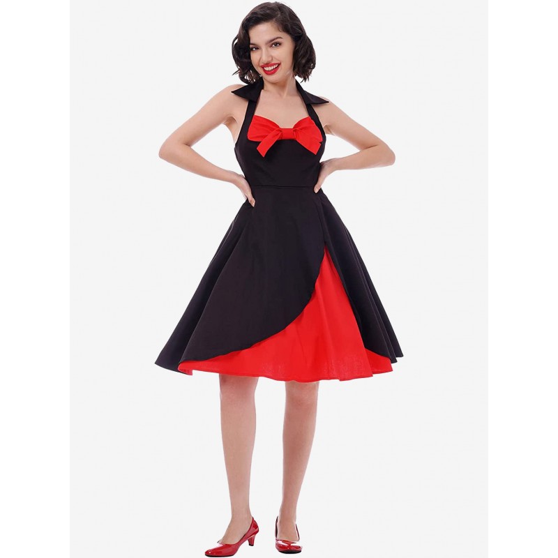 Women Red And Black Sexy Knot V Neck Halter Dress Pin Up Fit And Flare Layered Elegant Midi Dresses Vintage Party