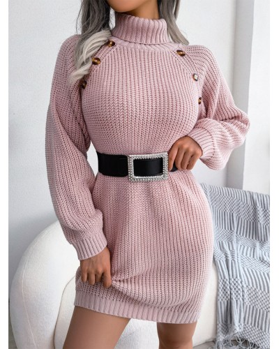 Knitted Dress For Women Elegant Buttons Acrylic Long Sleeves High Collar Winter Dresses Classic  Traditional Daily Casual