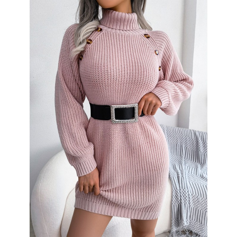 Knitted Dress For Women Elegant Buttons Acrylic Long Sleeves High Collar Winter Dresses Classic  Traditional Daily Casual