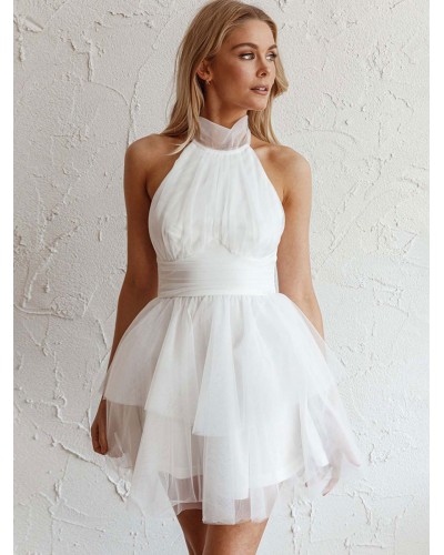 Women Party Dresses White High Collar Pleated Sleeveless Layered Semi Formal Dress Bodycon Spring Summer