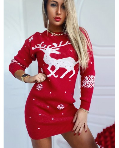 Women's Knitted Dress Charming Pattern Jewel Neck Long Sleeves Acrylic Dresses Sweater Christmas