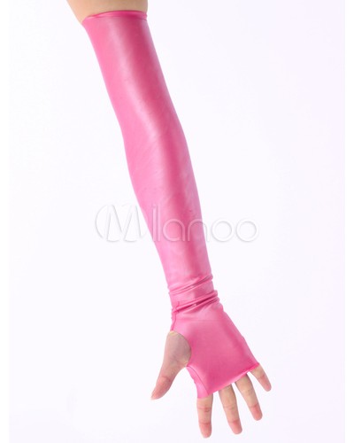 Women Pink Open Finger Latex Gloves Halloween