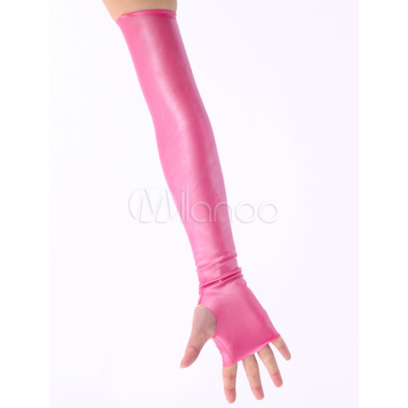 Women Pink Open Finger Latex Gloves Halloween