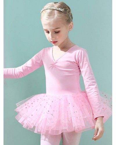 Women Ballet Dance Costumes Pink 's Kid's Dancer Cut Out Ruffles Polka Dot Pleated Cotton Blend Dress Performance Wear Tunic Elegant Art Deco/Retro