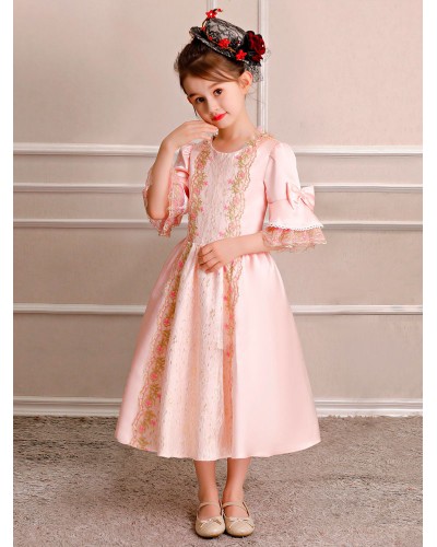 Kids Retro Costume Carnival Little Girls Royal Rococo Dress Pink Bows Lace Satin Half Sleeve Vintage Wears Halloween Formal Evening