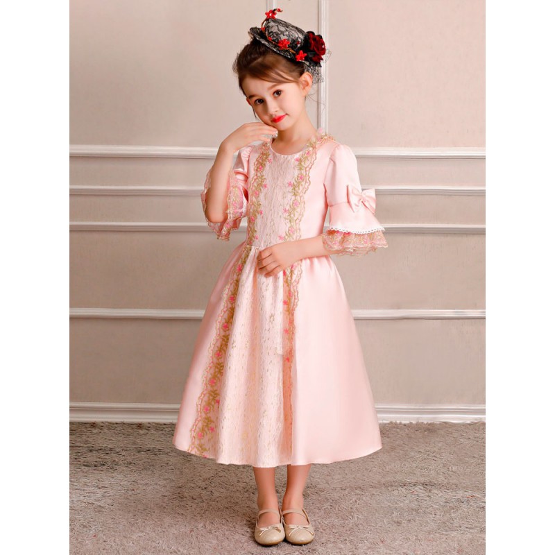 Kids Retro Costume Carnival Little Girls Royal Rococo Dress Pink Bows Lace Satin Half Sleeve Vintage Wears Halloween Formal Evening