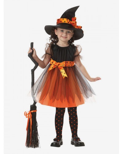 Girls Witch Costume Kids Halloween Orange Tulle Dresses And Hat For Little Sets