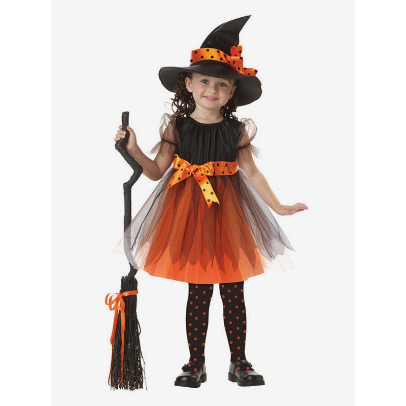 Girls Witch Costume Kids Halloween Orange Tulle Dresses And Hat For Little Sets