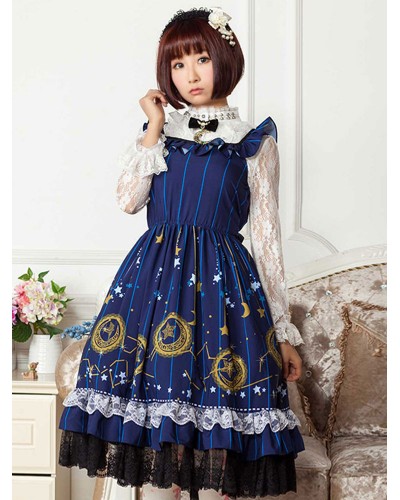 Classic Lolita JSK Dress Printed Bows Ruffles Blue Lolita Jumper Skirts Daily Casual