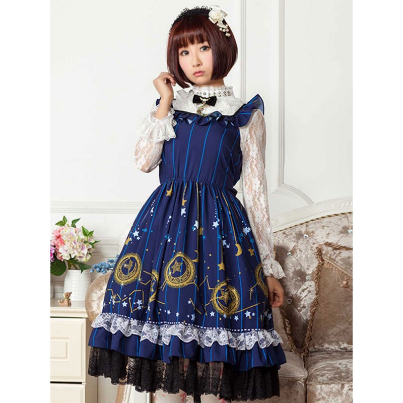 Classic Lolita JSK Dress Printed Bows Ruffles Blue Lolita Jumper Skirts Daily Casual