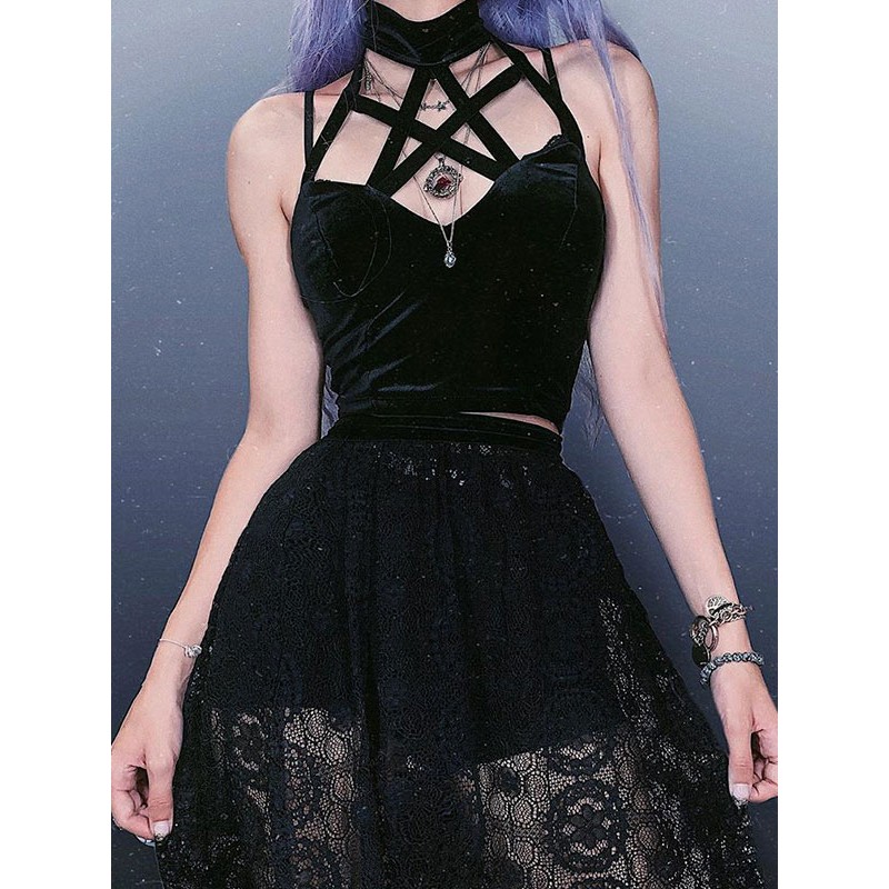 Black Punk Style Camisole Top Halter Lolita Top Steampunk Gothic