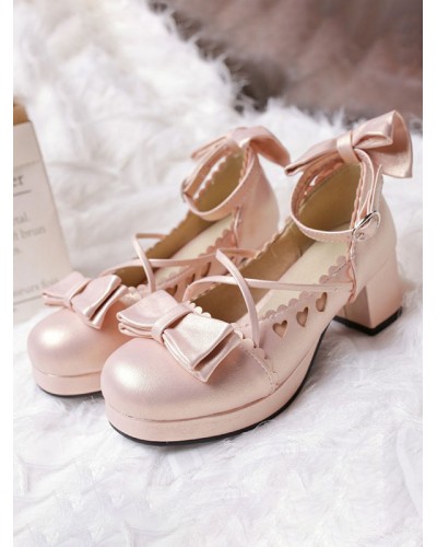 Sweet Lolita Footwear Bows Heart Hollow Out Leather Chunky Heel Lolita Shoes