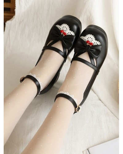 Sweet Lolita Footwear Bows Cherry Round Toe Leather Lolita Shoes Daily Casual