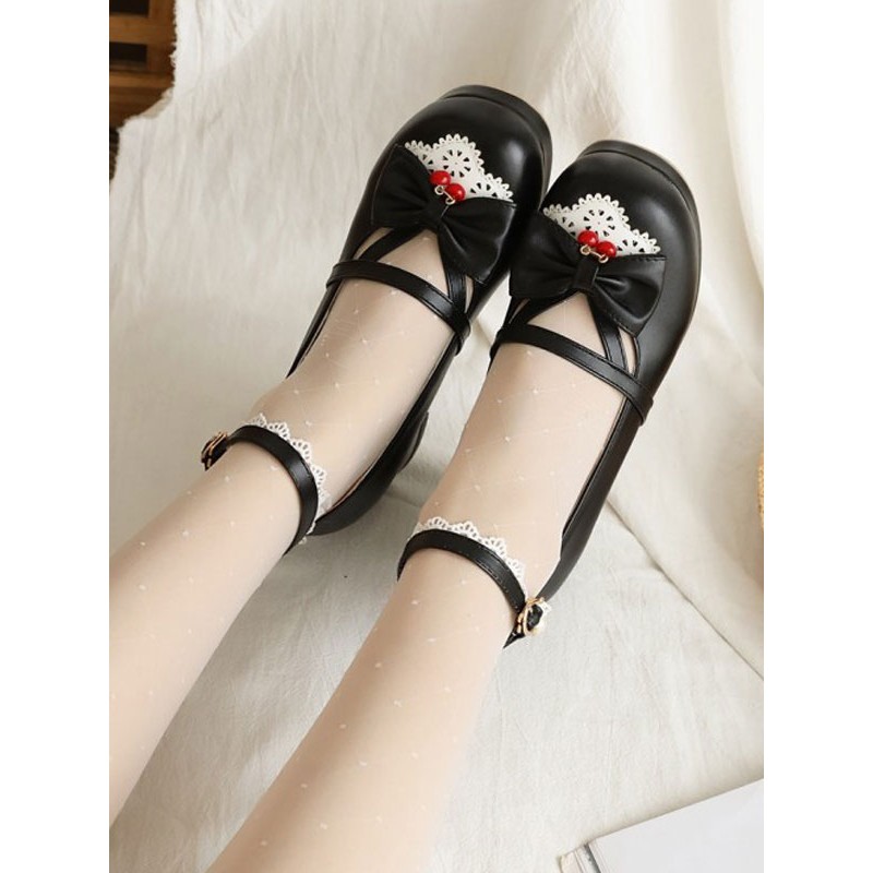 Sweet Lolita Footwear Bows Cherry Round Toe Leather Lolita Shoes Daily Casual