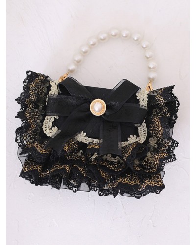 Sweet Lolita Handbag Black PU Leather Pearls Bows Lace Embellishment Lace PU Leather Cross-body Bag Lolita Accessories Cross-body Bag Daily Casual