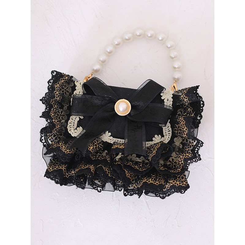 Sweet Lolita Handbag Black PU Leather Pearls Bows Lace Embellishment Lace PU Leather Cross-body Bag Lolita Accessories Cross-body Bag Daily Casual