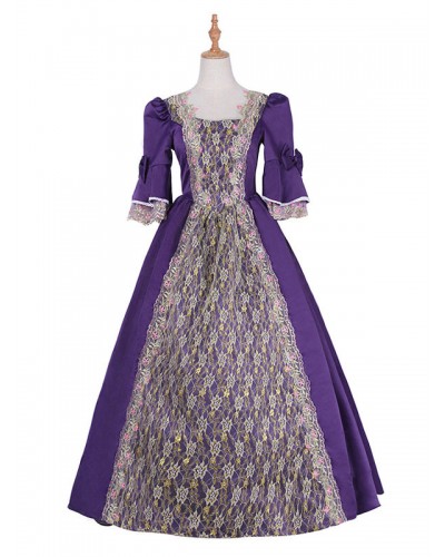 Victorian Dress Costume Women's Purple Half Sleeves Square Neckline Flower Print Ball Gown Victorian Era Style Vintage Clothing Halloween ROCOCO