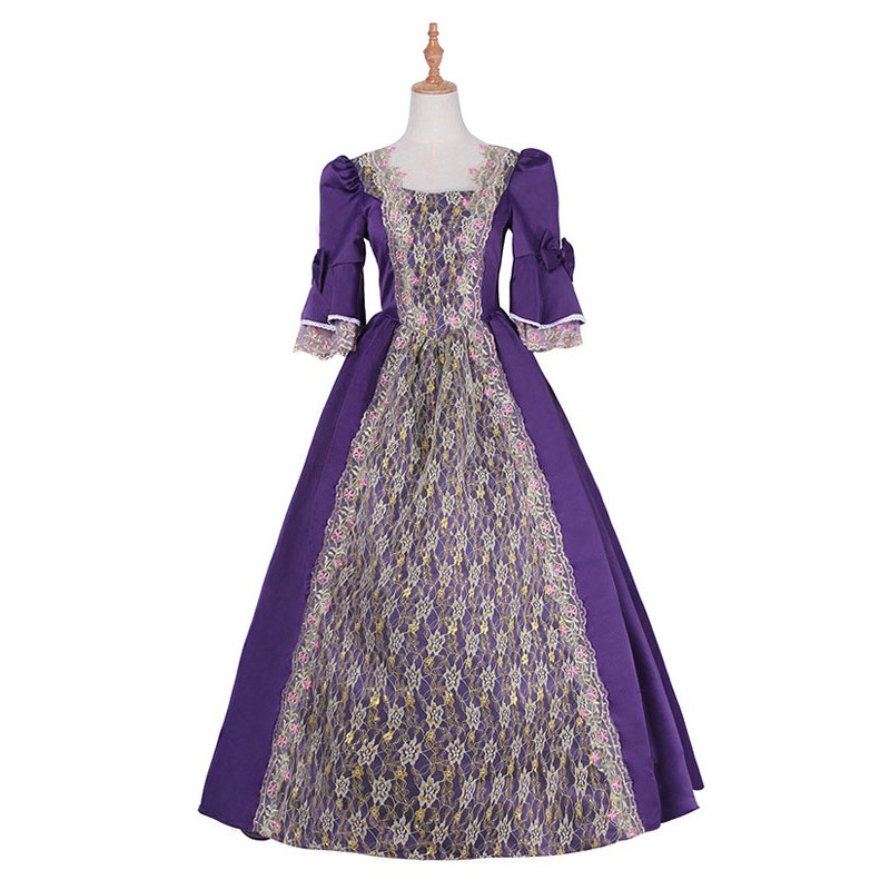 Victorian Dress Costume Women's Purple Half Sleeves Square Neckline Flower Print Ball Gown Victorian Era Style Vintage Clothing Halloween ROCOCO