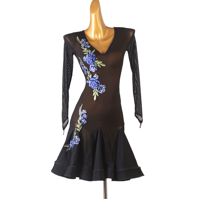 Women Latin Dance Dresses Black 's Polyester Dress Floral Print Rhinestones Latin Dancer Dancing Wear Bodycon Sexy