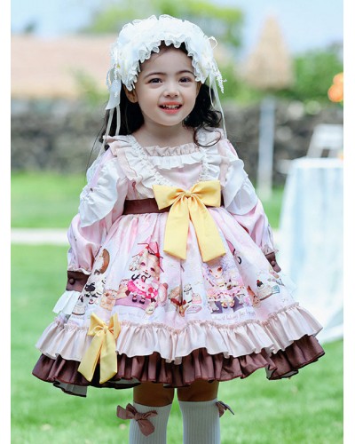 Polyester Daily Casual Ruffles Long Sleeves Cotton Spring Dress Floral Print Style Pink Kids' Lolita Dresses Sweet ROCOCO