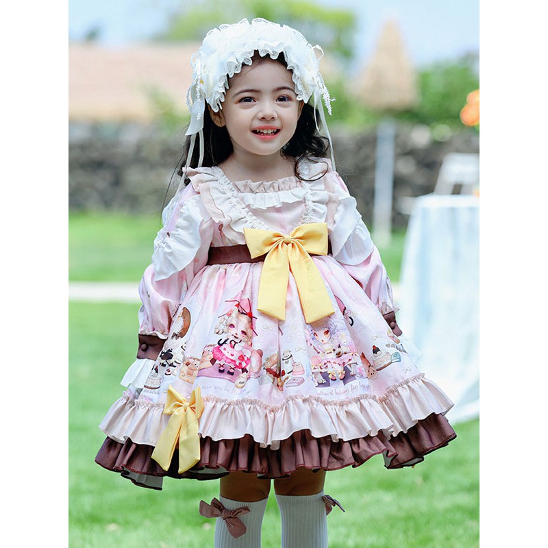 Polyester Daily Casual Ruffles Long Sleeves Cotton Spring Dress Floral Print Style Pink Kids' Lolita Dresses Sweet ROCOCO