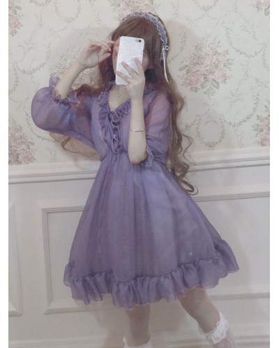 Classic Lolita OP Dress Ruffle Chiffon Lilac Lolita One Piece Dress Classic  Traditional Spring Summer Daily Casual