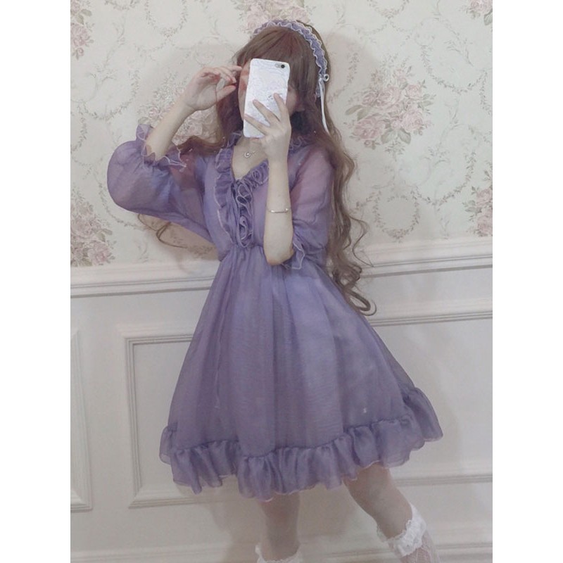 Classic Lolita OP Dress Ruffle Chiffon Lilac Lolita One Piece Dress Classic  Traditional Spring Summer Daily Casual