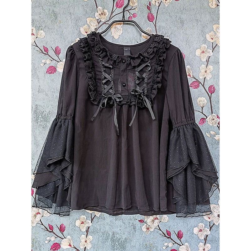 Classic Lolita Blouses Infanta Fairytale Black Lolita Top 3/4 Length Sleeves Lace Pleated Lolita Shirt Sweet Classic  Traditional