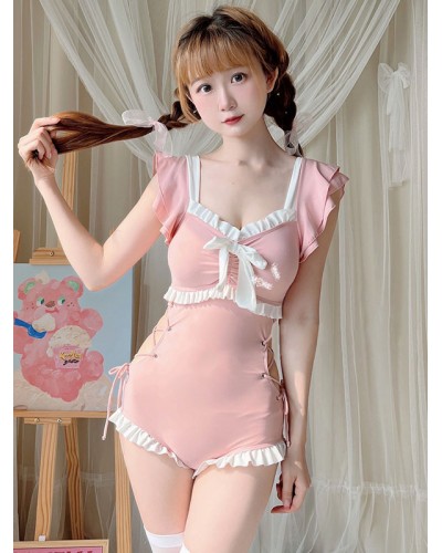 Lolita Swimsuit Pink Ruffles Bows Lace Up Sleeveless Jumpsuit Sets Sweet Daily Casual