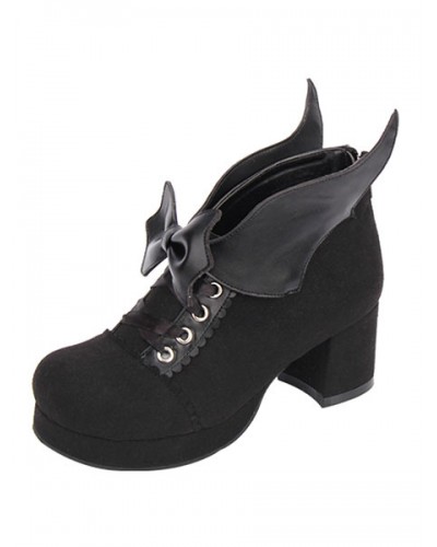 Gothic Lolita Shoes Round Toe Chunky Heel Suede Leather Bows Black Lolita Pumps