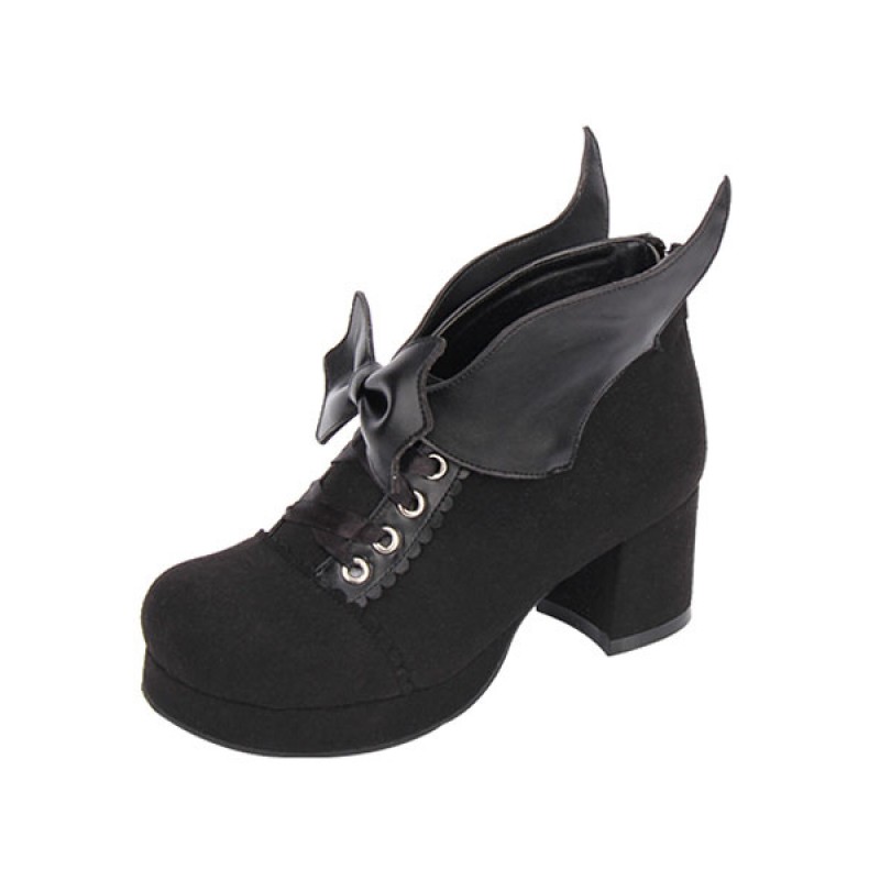 Gothic Lolita Shoes Round Toe Chunky Heel Suede Leather Bows Black Lolita Pumps